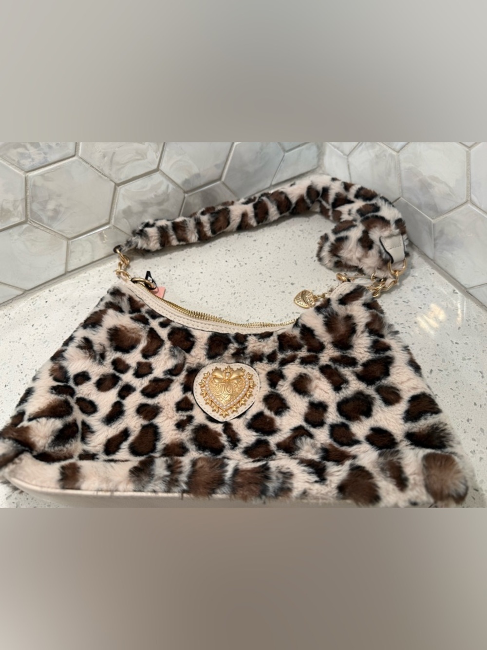 Juicy Couture Snow Leopard Love Fur Shoulder Bag Gold Trim NEW Fur Heart Charm
